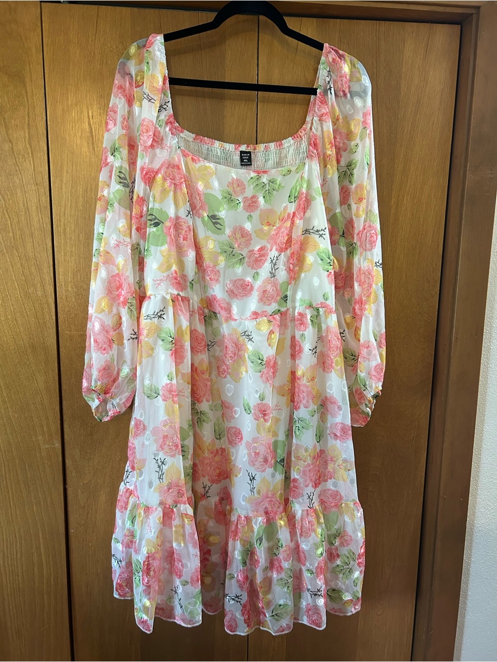 SHEIN White Floral Midi Dress with Pink & Yellow Roses